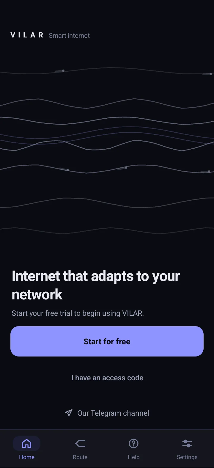 The VILAR app on Android: first screen with the “Start for free” button and the access-code entry