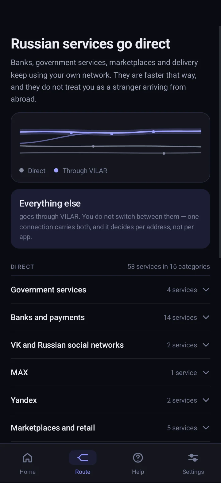 The Route screen in the VILAR app: local services go direct — banks, government services, marketplaces and deliveries
