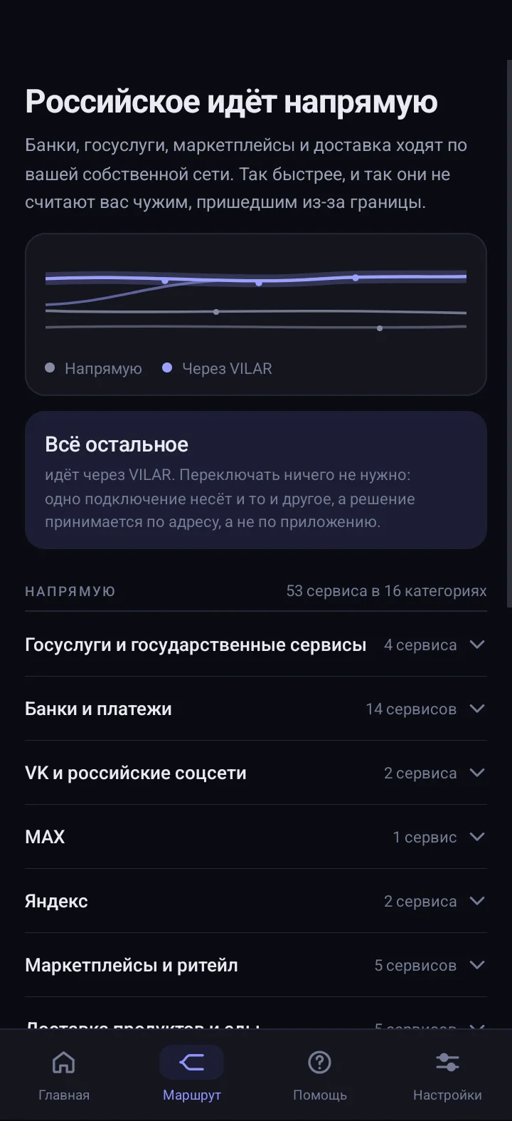 Экран «Маршрут» в приложении VILAR: российское идёт напрямую — банки, госуслуги, маркетплейсы и доставка