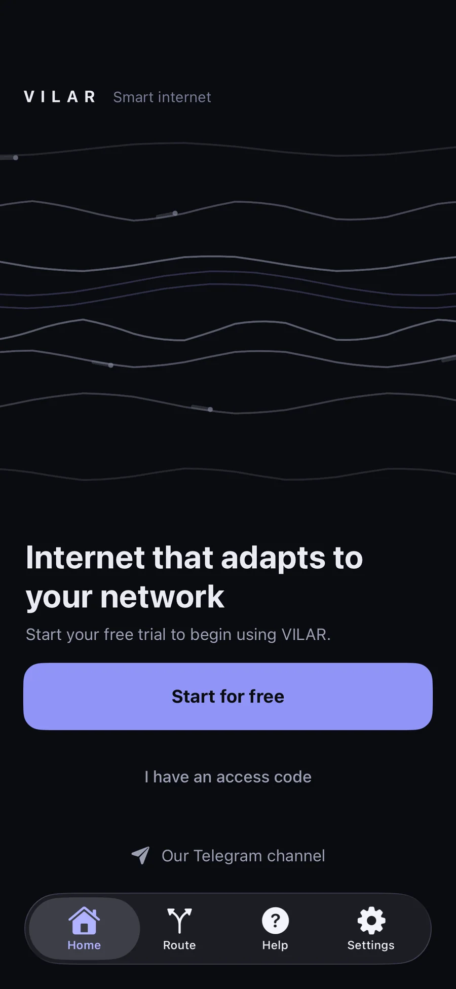 The VILAR app on iPhone: first screen with the “Start for free” button and the access-code entry